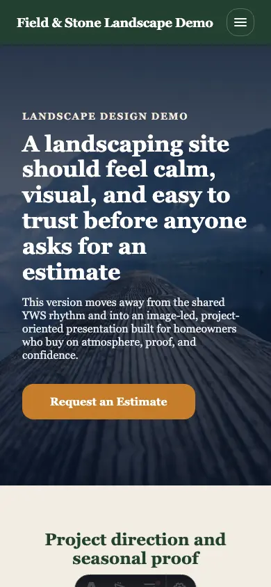 Mobile homepage screenshot from the landscaper demo build