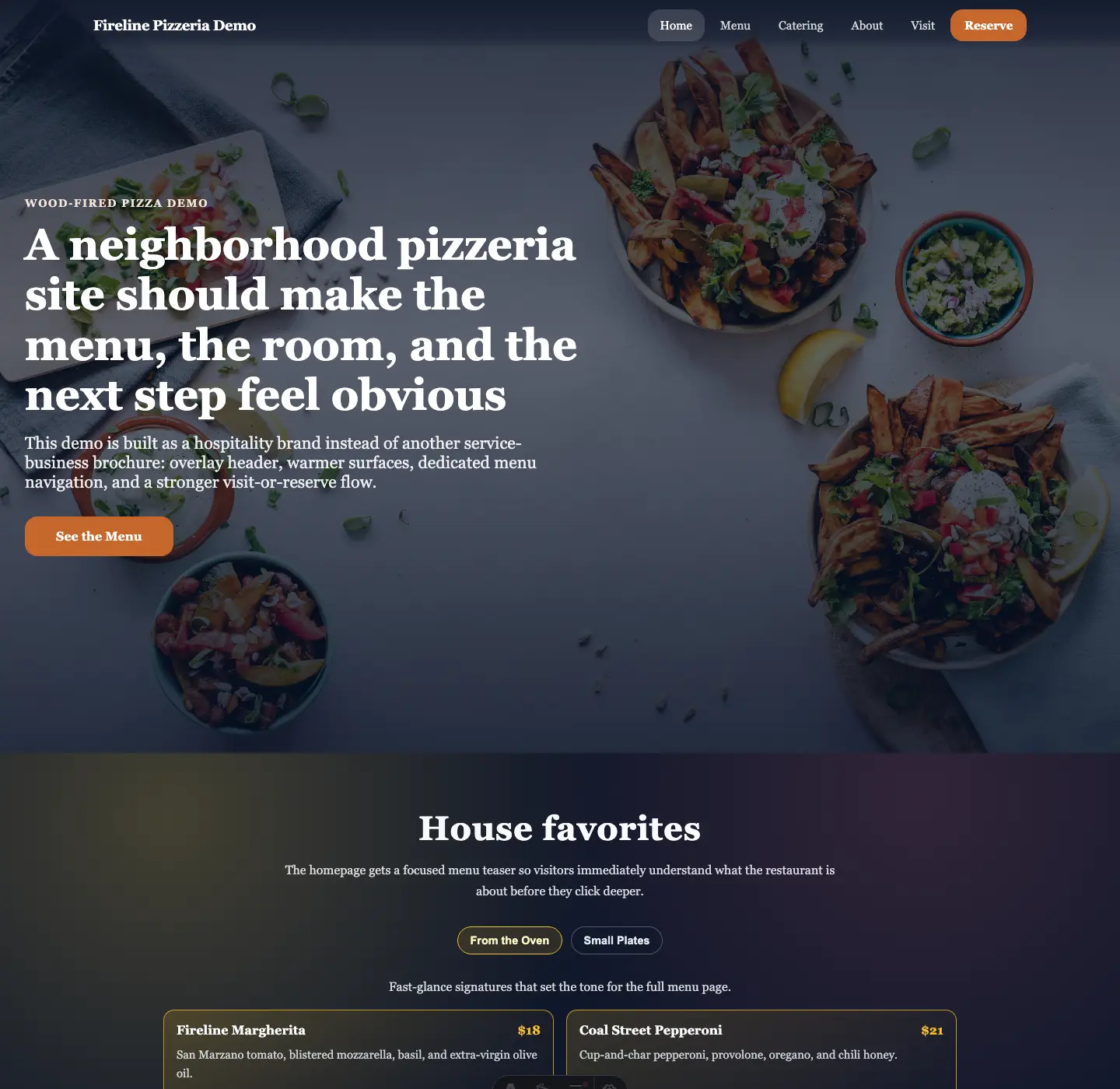 Homepage screenshot of the Lexington pizzeria demo build